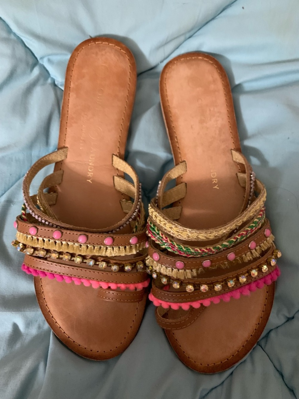 Chinese Laundry Tan Slide Sandals with Pink & Gold Accents